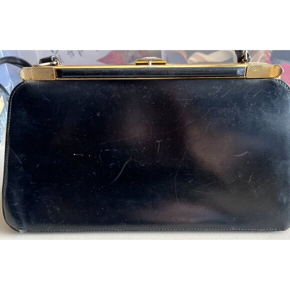 Vintage Black Leather Handbag With Gold Frame & Suede Interior Made In Ireland - Picture 2 of 9